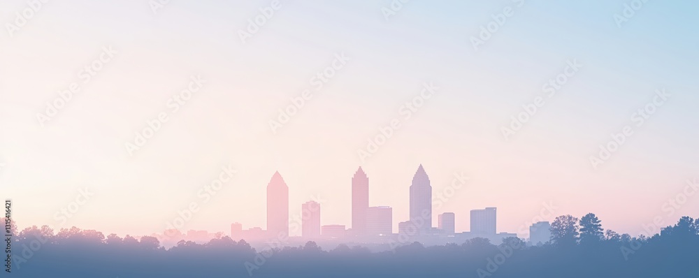 Obraz premium Silhouetted Buildings Stand Behind Trees with a Gradient Sky Above
