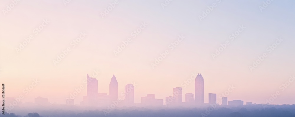 Fototapeta premium A distant city skyline shrouded in soft pastel colored mist
