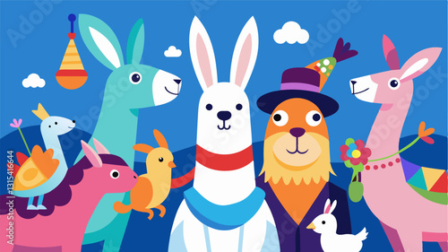 Llamas rabbits and even a friendly parrot make an appearance adding an unexpected touch to the diverse and eclectic parade.. Vector illustration