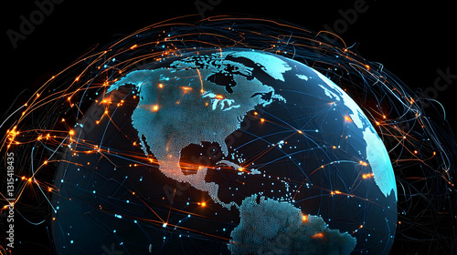 Glowing Blue Earth Globe With Orange Data Network