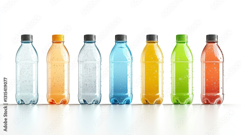 Seven colorful plastic bottles with condensation, arranged in a row on a white background. Seven colorful plastic bottles with condensation, arranged in a row on a white background.