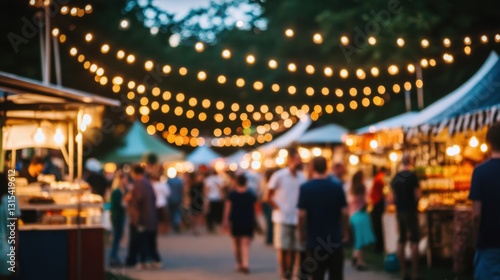 Vibrant Night Market With Glowing String Lights and Crowded Stalls
