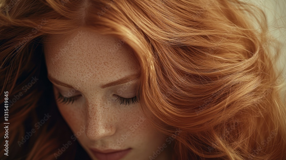 Naklejka premium Red-haired woman with freckles and closed eyes in close-up portrait