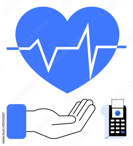Outstretched hand under heart with heartbeat line, blue payment terminal, checkmark on receipt. Ideal for health, charity, donation, payment, trust, care giving flat simple metaphor