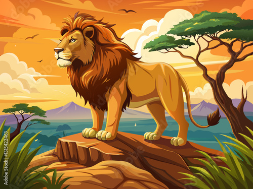 vector of  A majestic lion stands on a rock outcropping, surveying the savanna below.