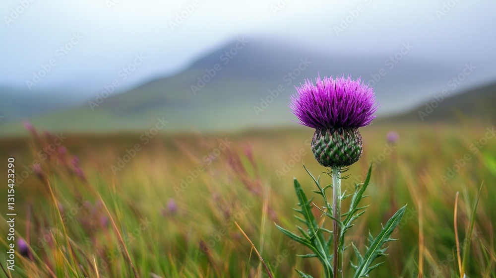 Purple thistle in a grassy field, misty mountains Purple thistle in a grassy field, misty mountains