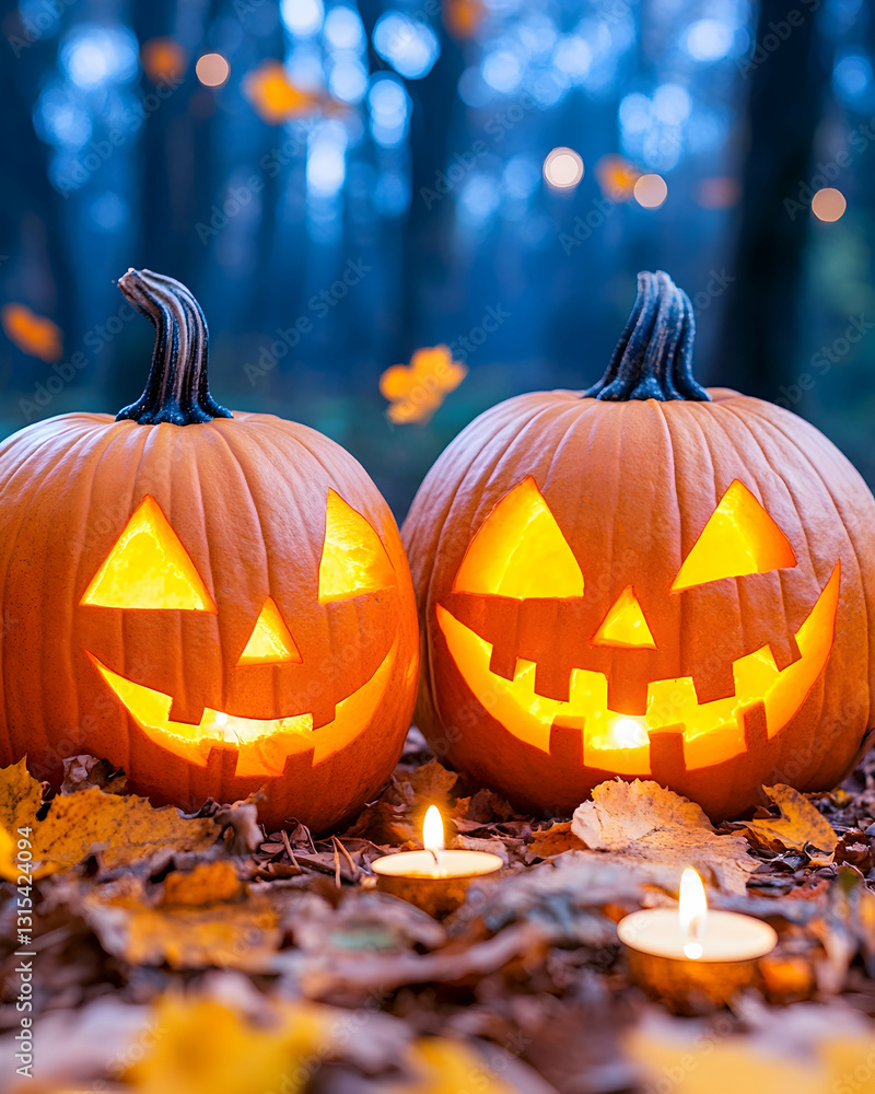 Two lit jack-o'-lanterns in a fall setting, surrounded by autumn leaves Two lit jack-o'-lanterns in a fall setting, surrounded by autumn leaves