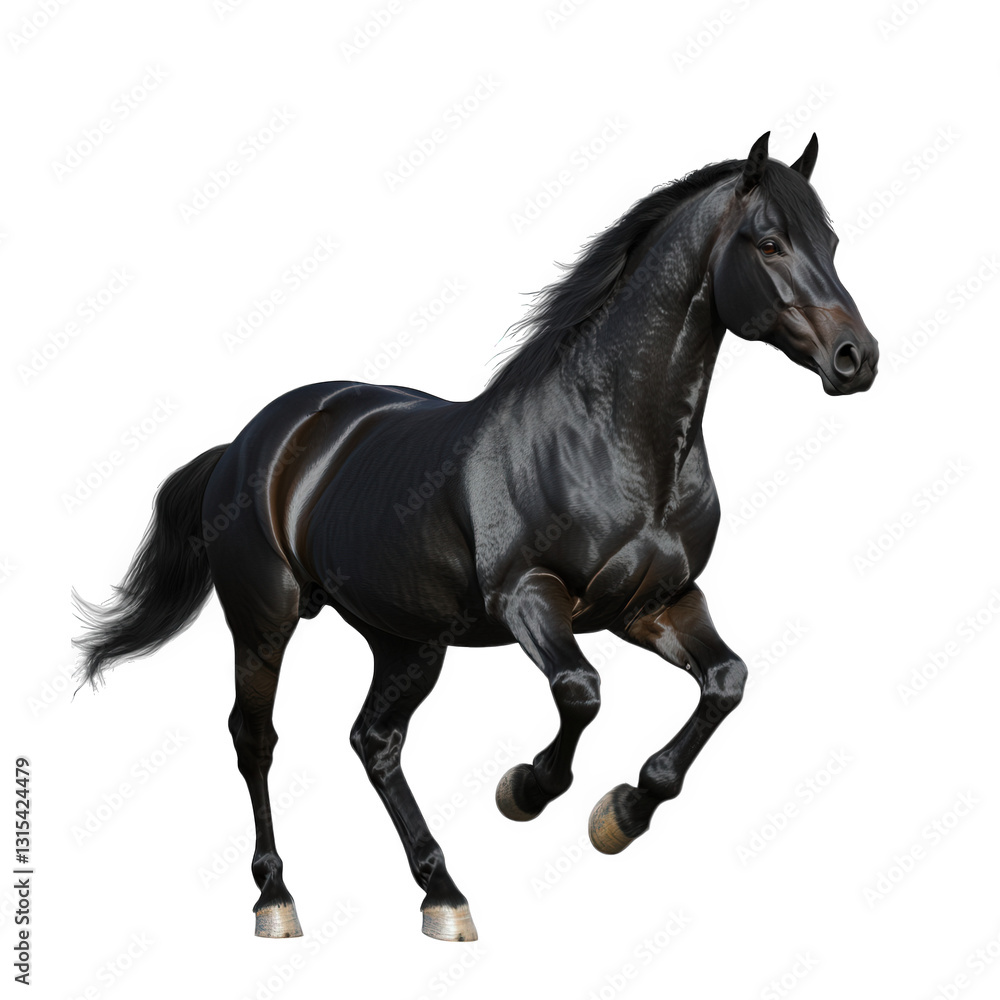Obraz premium a majestic black horse is captured mid-gallop showcasing its powerful physique and sleek mane against a plain white background. beauty and grace of equine movement