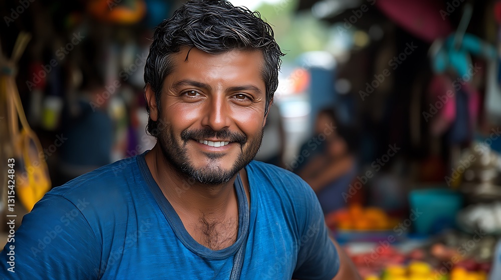 A smiling man posing at an open air market displays happiness