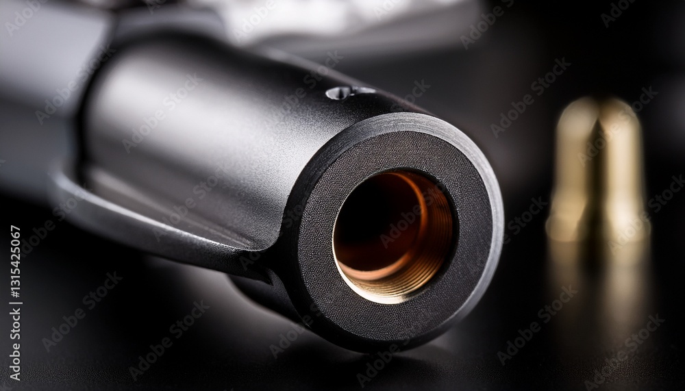 Macro view of the nozzle of a gun; close up view of the barrel and nozzle of a firearm; machine milled barrel of a gun nozzle; barrel of the gun; barrel of a firearm; tip of the gun; firearm tip