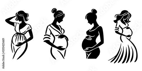 Set of beautiful pregnant women, hand drawn silhouette illustration. Elegant drawing, woman touching her pregnant belly