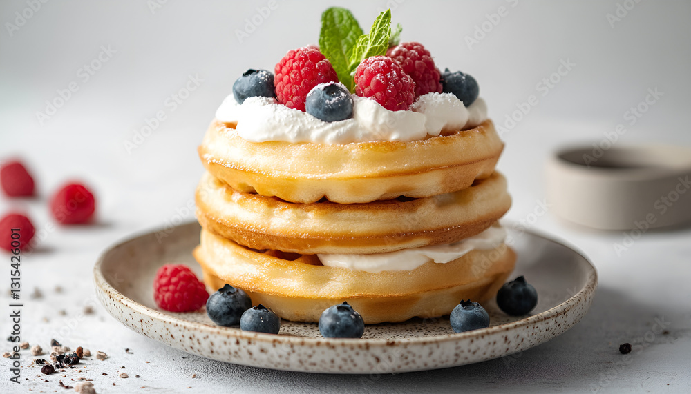 Delicious breakfast waffles topped with fresh berries for a sweet morning treat Delicious breakfast waffles topped with fresh berries for a sweet morning treat
