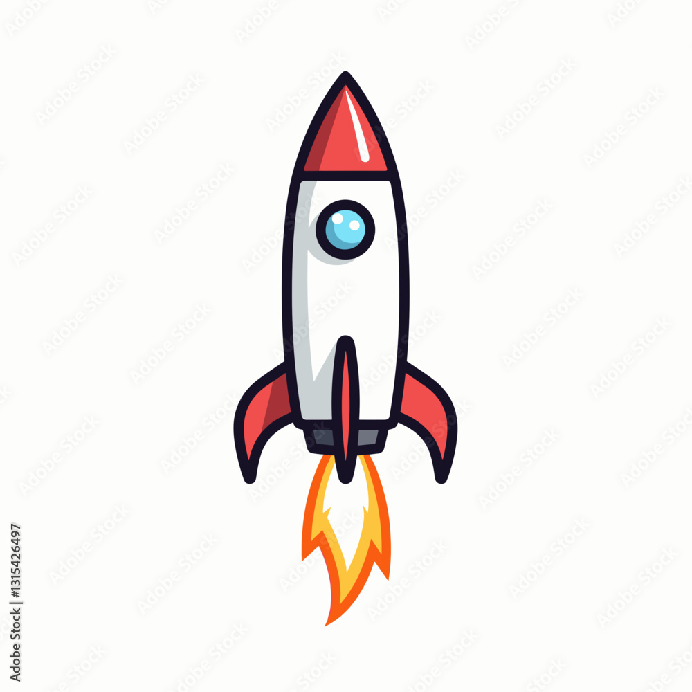 Rocket launching with flames in a flat design style