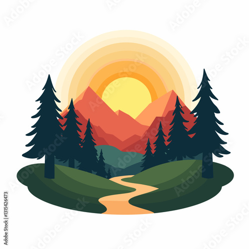 Sunrise over mountains and pine trees in a scenic landscape