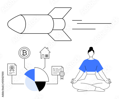 Woman meditating, pie chart linking Bitcoin, certificate, home, contract rocket moving forward. Ideal for innovation, finance, balance progress technology mindfulness conceptual metaphor. Clean