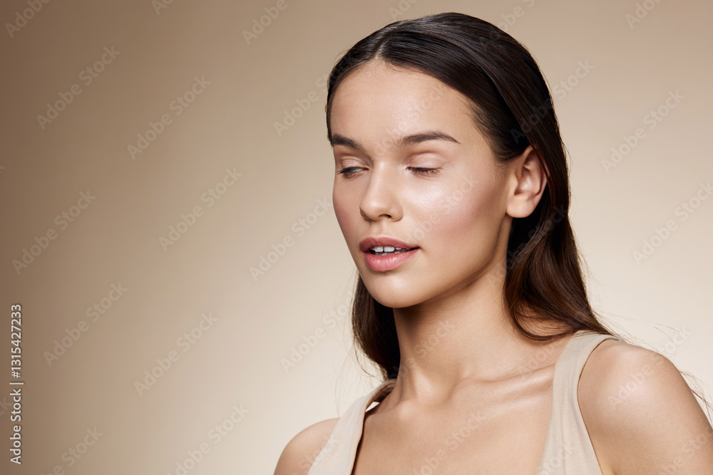 Portrait of a serene young model with long hair, wearing a natural tone outfit, conveying calmness against a soft beige background, emphasizing beauty and elegance Portrait of a serene young model with long hair, wearing a natural tone outfit, conveying calmness against a soft beige background, emphasizing beauty and elegance