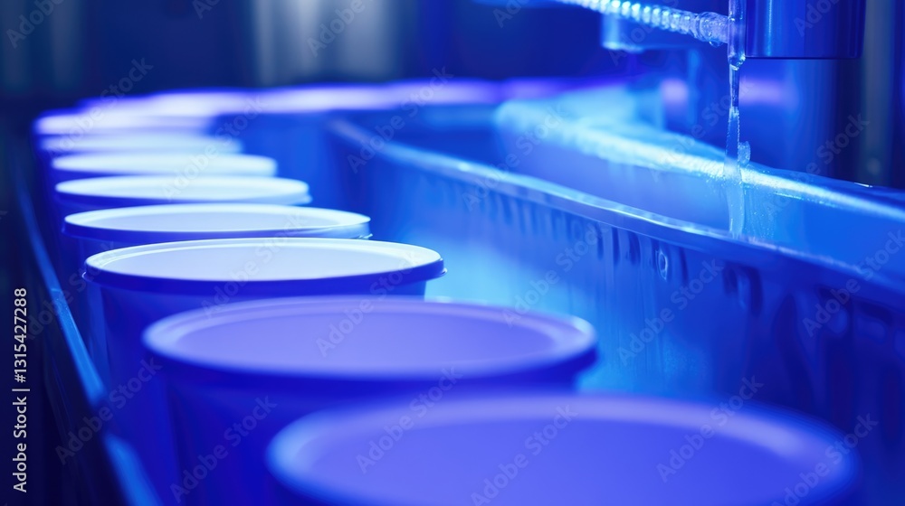 Blue Conveyor Belt with Rows of Buckets and Water Flow Blue Conveyor Belt with Rows of Buckets and Water Flow