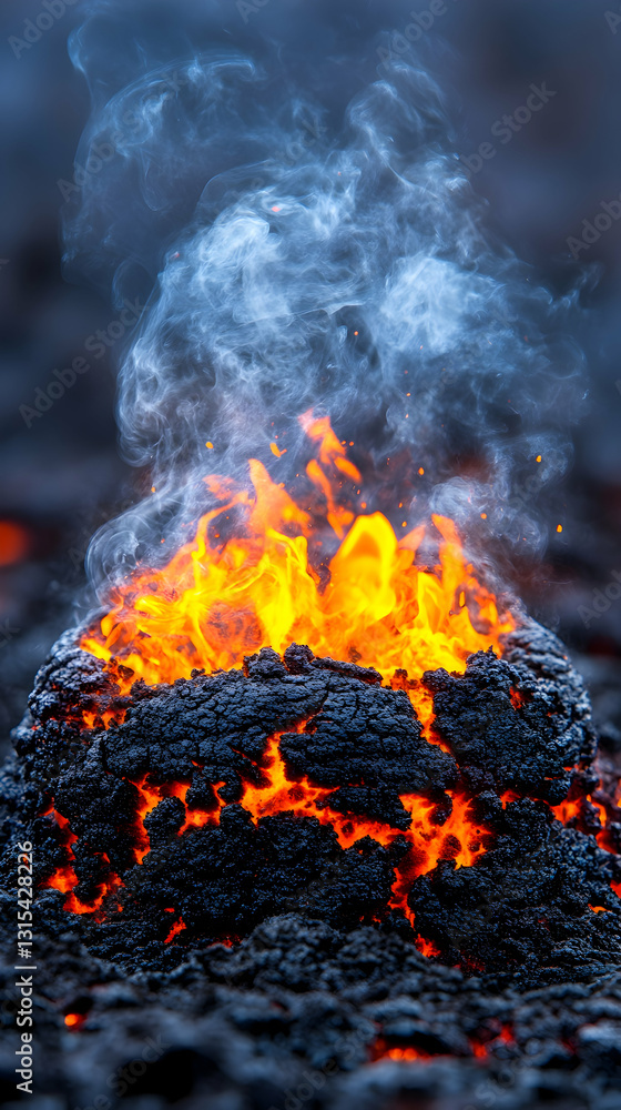 Volcano erupting with fiery lava and smoke billowing into a hazy, dark sky Volcano erupting with fiery lava and smoke billowing into a hazy, dark sky