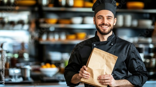 Smiling chef holds take-out bag. Kitchen background with cookware and metal surfaces