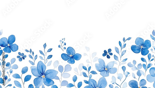 Fototapeta Naklejka Na Ścianę i Meble -  a watercolor illustration featuring delicate blue flowers and leaves against a white background ideal for invitations stationery or decorative purposes