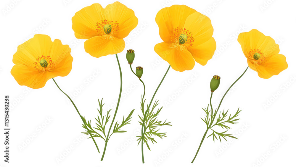 Obraz premium vibrant yellow poppy flowers with delicate petals and green foliage showcasing their natural beauty and botanical details ideal for nature-themed designs or floral illustrations