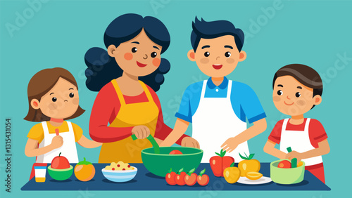 An aunt and her nieces and nephews eagerly help their uncle prepare a mouthwatering Mexican meal learning the importance of fresh bold flavors in their cuisine.. Vector illustration