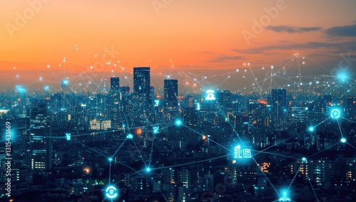 Connected city network at sunset