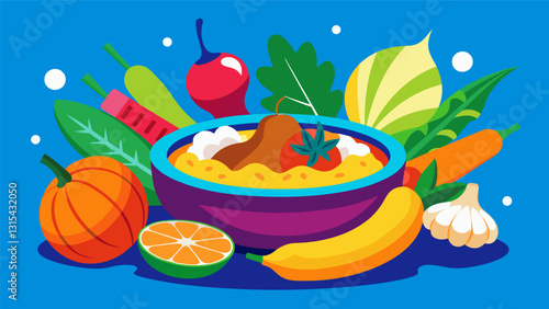 The vibrant colors of Cuba reflected in the rich flavors of the dish bursting with ingredients like onions garlic and colorful bell peppers.. Vector illustration