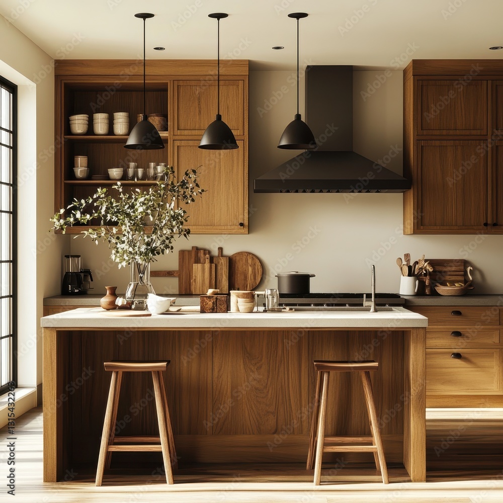 A well lit modern wooden kitchen with stools A well lit modern wooden kitchen with stools