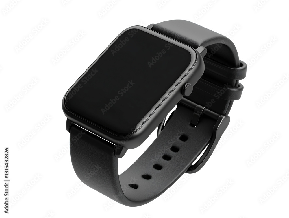 3D Render of a Smartwatch with Black Leather Strap and Dark Screen on Transparent Background, PNG 3D Render of a Smartwatch with Black Leather Strap and Dark Screen on Transparent Background, PNG