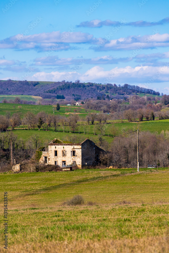 Hilly landscape of the Ségala mountains around Monestiés, dotted with small farms Hilly landscape of the Ségala mountains around Monestiés, dotted with small farms