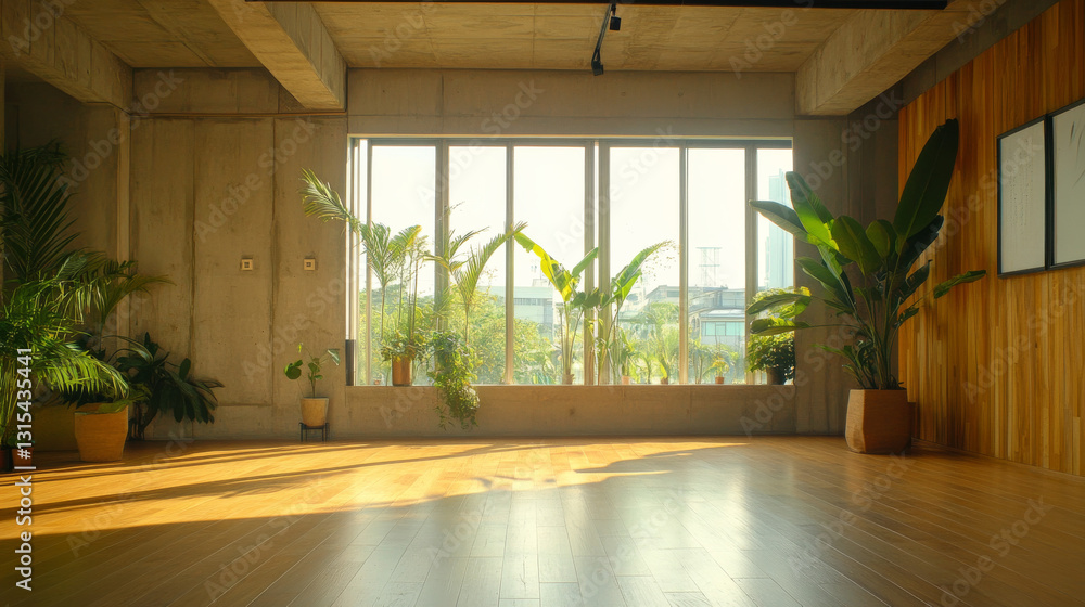 Fototapeta premium A modern, contemporary loft featuring an empty room with concrete and wooden plank walls, a parquet floor, indoor plants, and a panoramic window