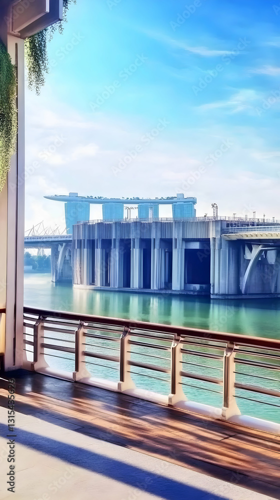 Fototapeta premium Cityscape: Bridge, Water, Modern Architecture