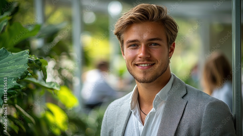 Smiling, young man in suit jacket, surrounded by lush greenery, natural light Smiling, young man in suit jacket, surrounded by lush greenery, natural light