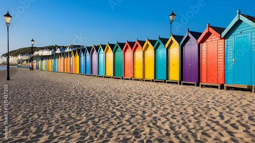 A row of twenty coloourful beach huts on a promenade with two street lamps