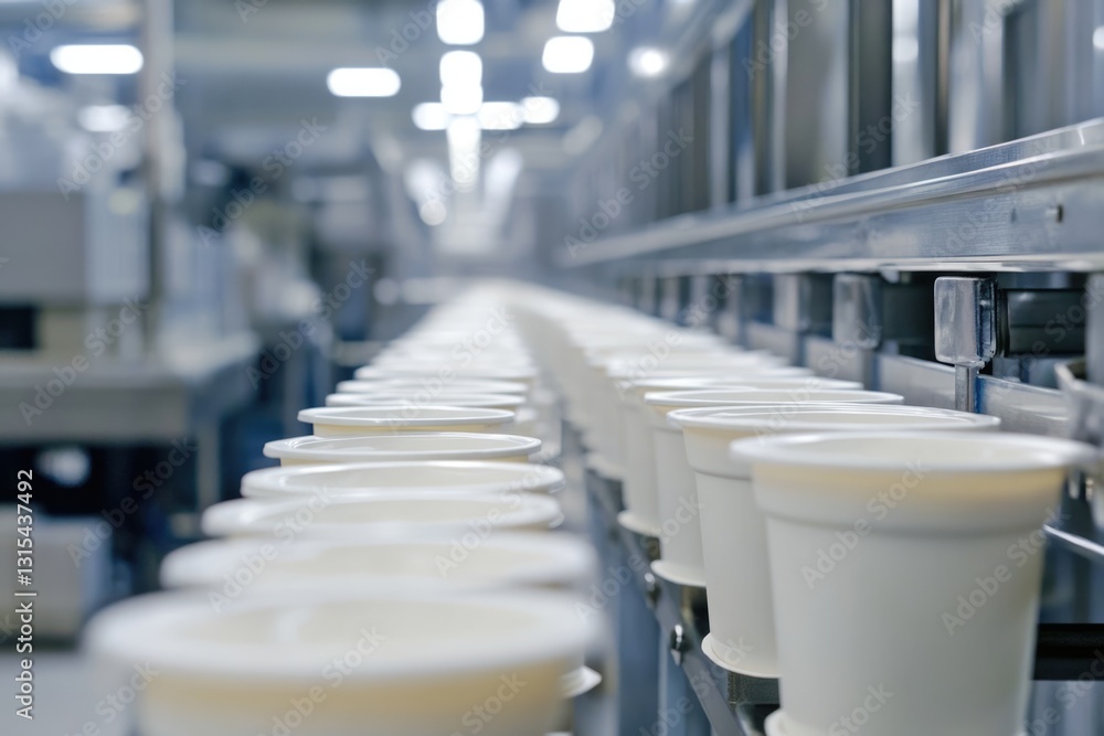 Conveyor Belt of White Cups in a Modern Factory Setting Conveyor Belt of White Cups in a Modern Factory Setting