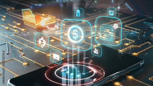 futuristic financial technology hologram with digital currency and banking icons for fintech innovation  