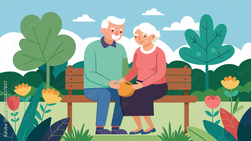 An elderly couple sitting on a bench in a botanical garden reminiscing about their own gardening experiences and giving advice to a group of young adult gardeners.. Vector illustration An elderly couple sitting on a bench in a botanical garden reminiscing about their own gardening experiences and giving advice to a group of young adult gardeners.. Vector illustration