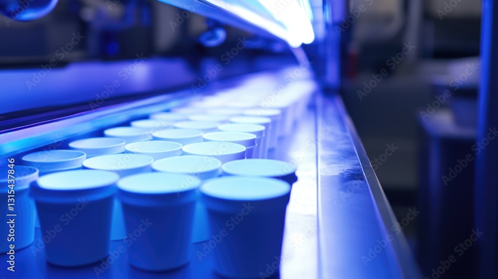 Fototapeta premium Conveyor Belt of White Cups Under Blue Light in Factory