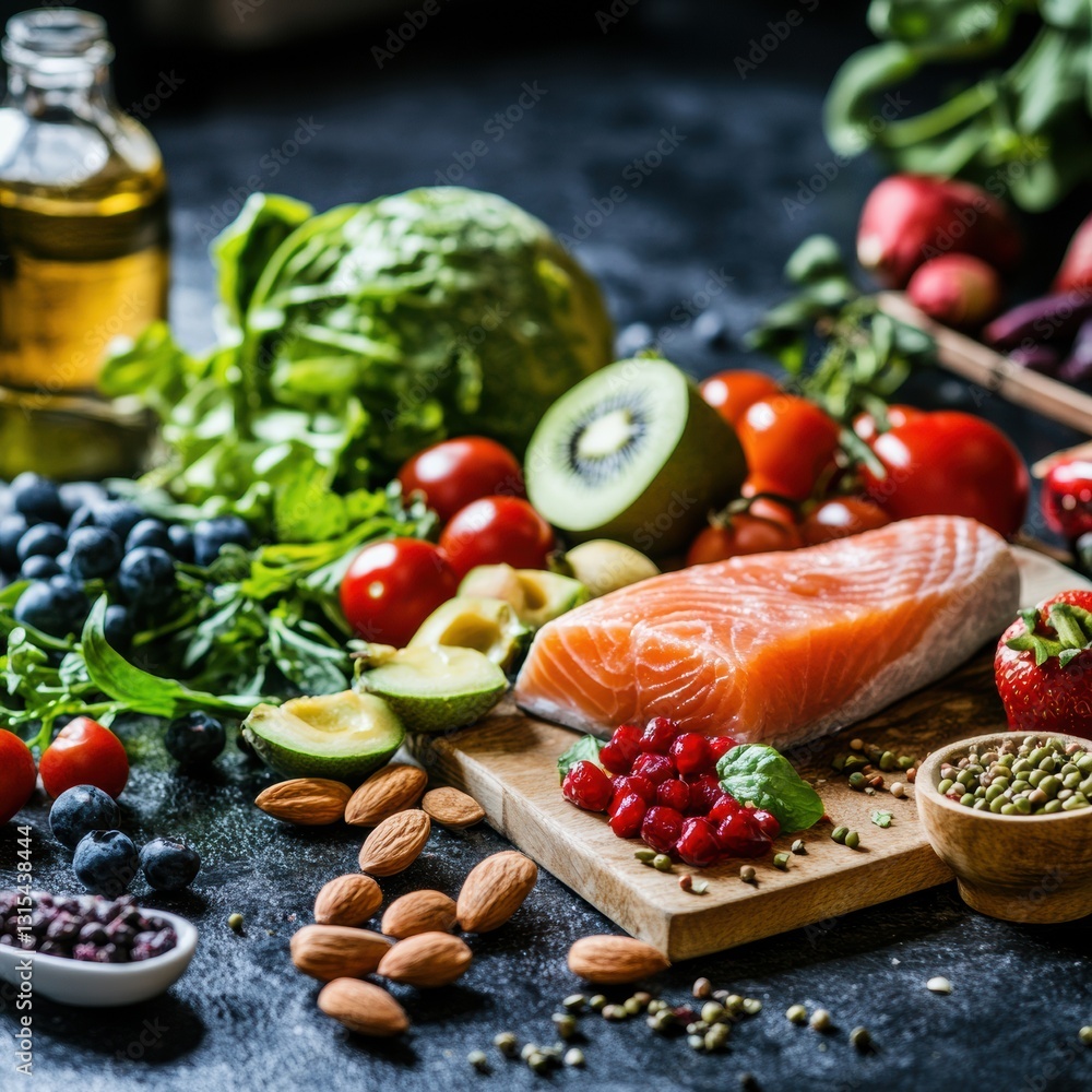 Fresh salmon fillet surrounded by vibrant vegetables and fruits on wooden cutting board in cozy kitchen Fresh salmon fillet surrounded by vibrant vegetables and fruits on wooden cutting board in cozy kitchen