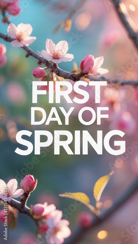 First Day of Spring, Banner with Text, Cherry Tree
