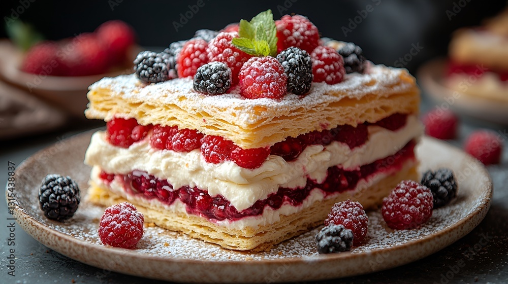 Delicious layered pastry with berries and cream on a plate Delicious layered pastry with berries and cream on a plate