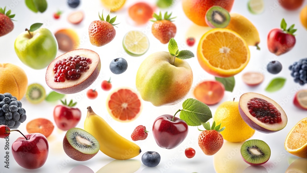 Isolated fresh fruits floating on white background, apples, oranges, berries, bananas and citrus slices in mid-air Isolated fresh fruits floating on white background, apples, oranges, berries, bananas and citrus slices in mid-air
