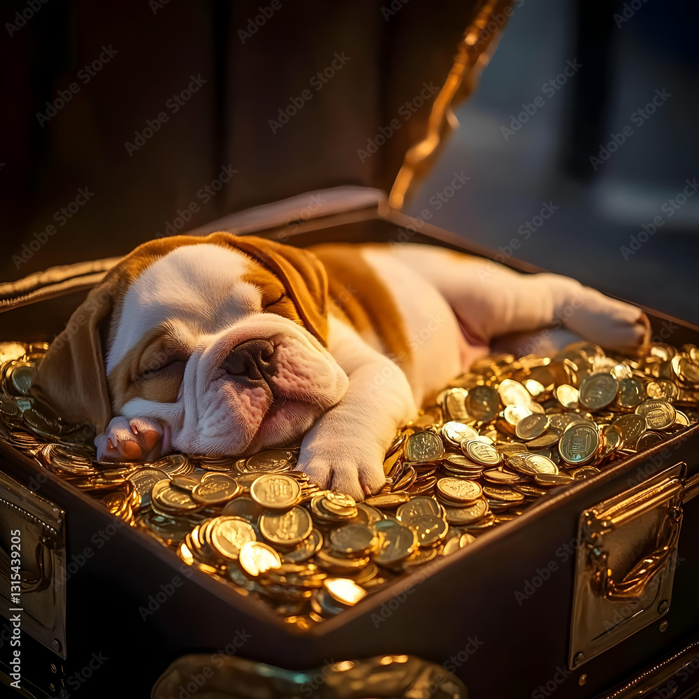 Puppy Sleeping in Gold Coins