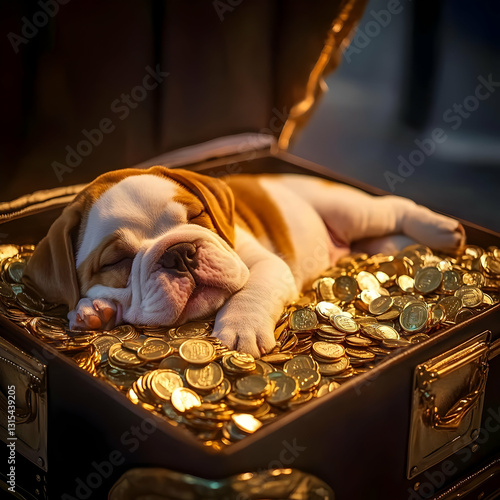 Obraz na płótnie Puppy Sleeping in Gold Coins w salonie