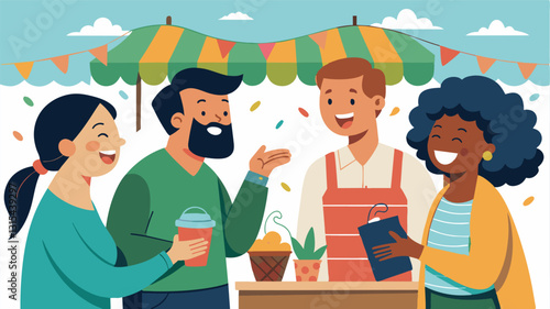 The sound of lively conversation and laughter filling the air as customers chat with the friendly vendors and learn about the origin of their products.. Vector illustration