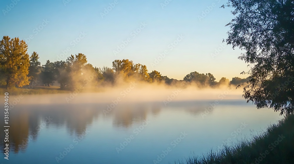 Fototapeta premium Misty sunrise over calm river reflecting autumn trees.