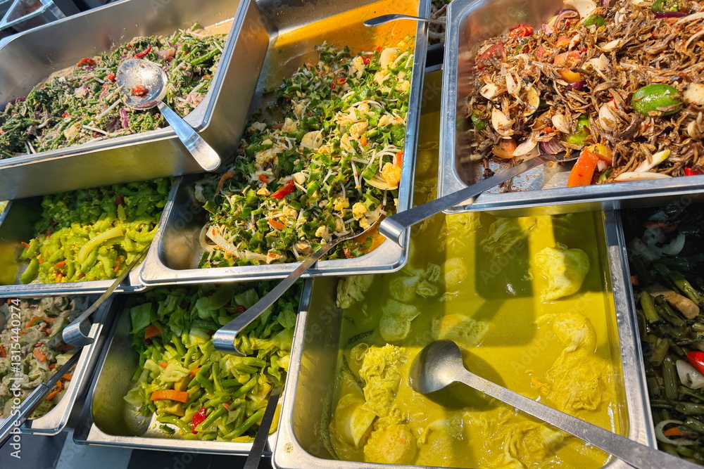 Assortment of Malaysian cooked food in food kitchen in Kuala Lumpur