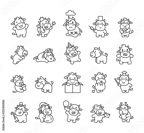 Cute and charming set of cow characters showing different emotions, fun accessories, and various poses in an adorable kawaii cartoon farm animal style for creative projects