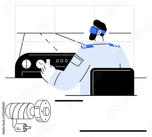 Pilot managing aircraft cockpit controls with mechanical precision, viewed alongside engine part. Ideal for aviation, technology, engineering, transportation, training, innovation guidance. Flat